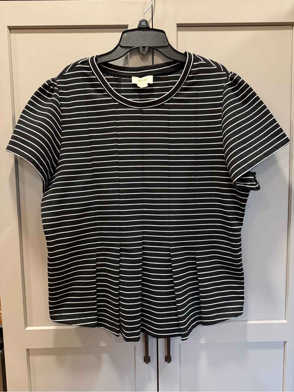 Anthropologie Maeve Black and White Striped Short Sleeve Pleated Tee Shirt